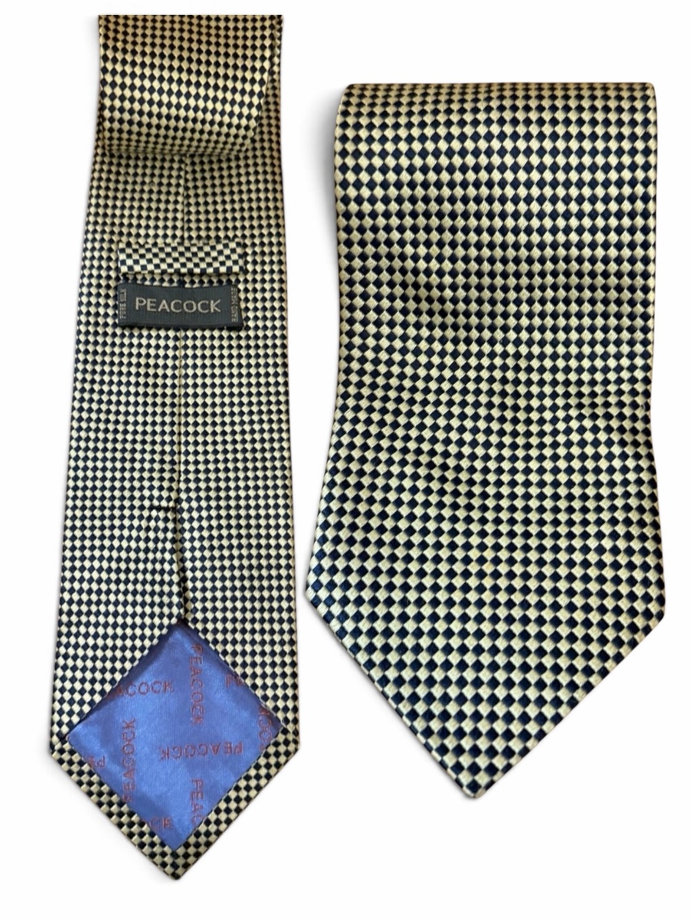 Peacock Pure Silk Handmade Tie in Cream/Gold & Black Grid Parttern